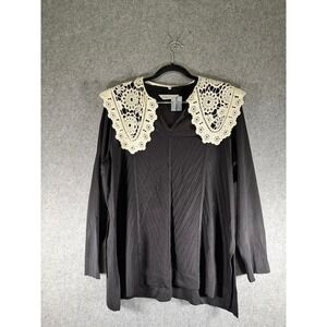 MISSOOK WOMAN XL Black Long Sleeve V-Neck Crochet Lace Collar Top Tunic Academia